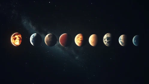Row of stylized exoplanets aligned against deep space background.