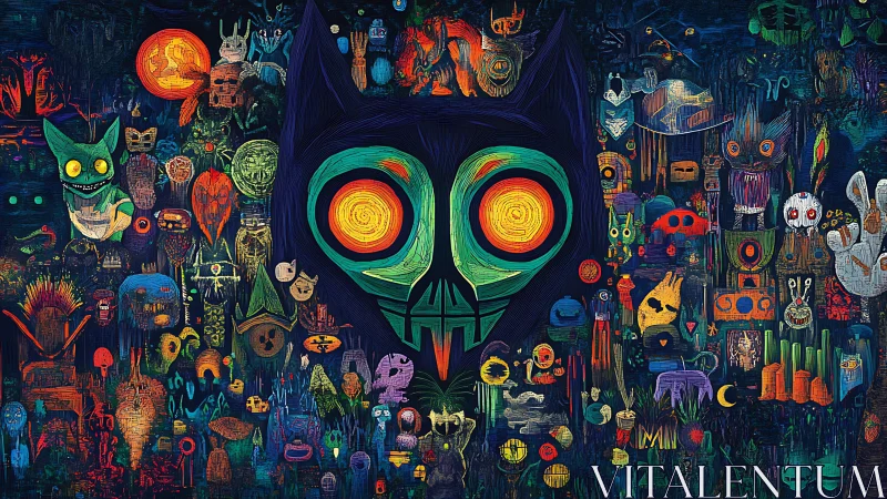 Neon-eyed cat totem amid chaotic surreal nightscape.