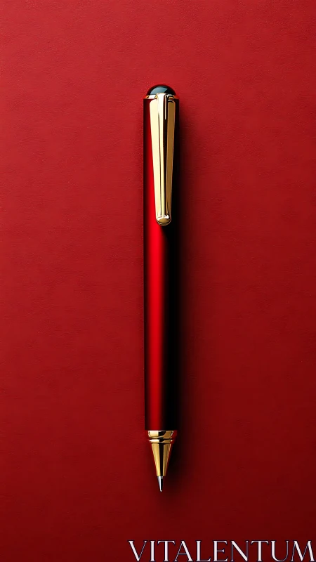 Precision macro study of red lacquer pen with gold trim.