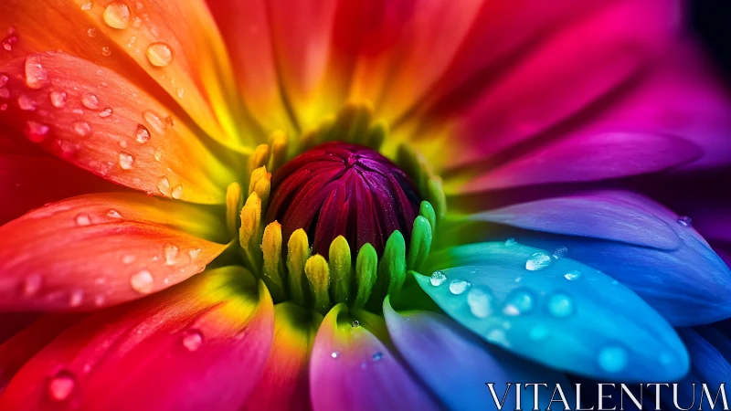 Macro view captures vivid rainbow flower petals with dew