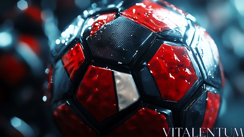 3D macro render of wet red hexagonal-panel tech football.