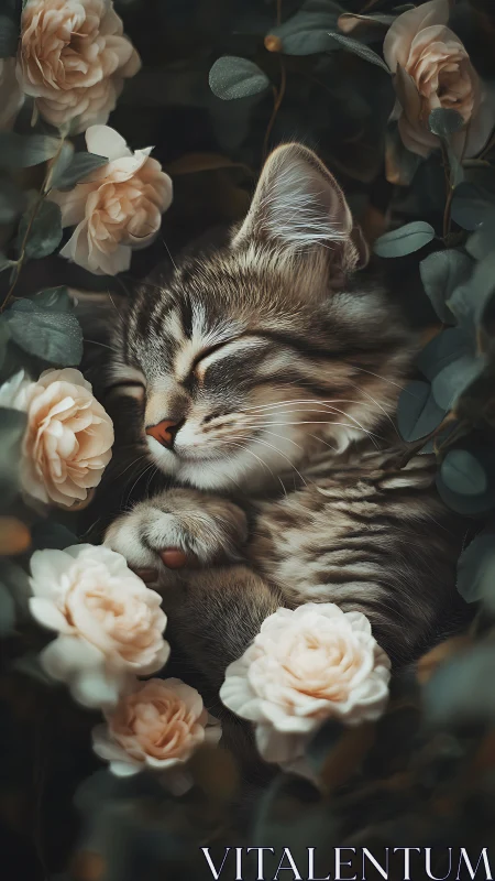 Sleeping Tabby Cat Among Blooming Roses