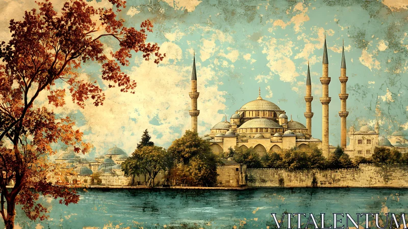 Historic riverside mosque with minarets in stylized landscape.