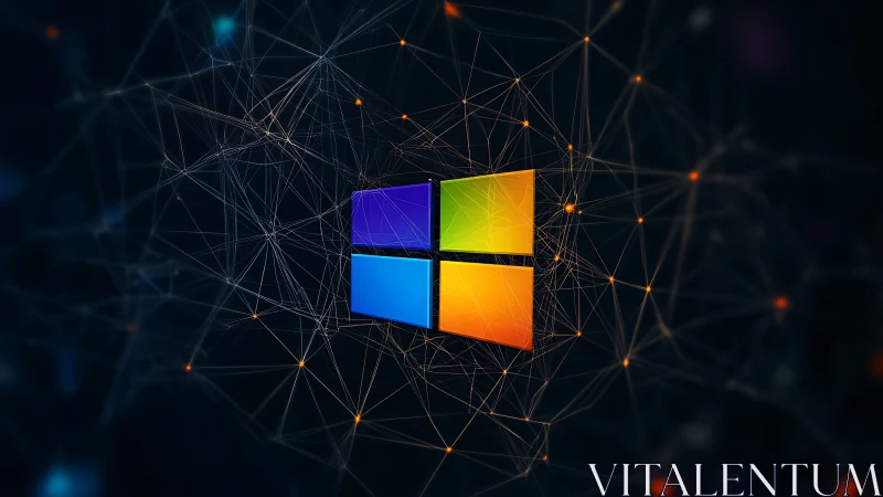 Multicolor window logo within abstract digital network mesh.