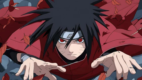 Intense ninja warrior lunges forward through falling leaves.