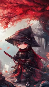 Chibi samurai child with red eyes under autumn canopy.