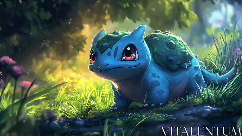 Digital creature stands in backlit forest clearing environment