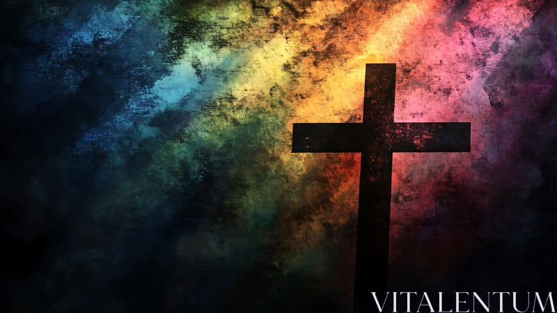 Radiant colors gather gently around a bold dark cross