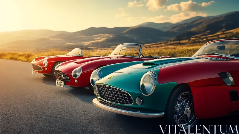 Classic sports roadsters parked on scenic mountain highway.