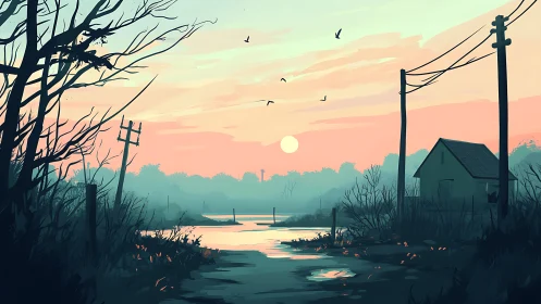Digital wetland road scene shows sunset lighting and structures