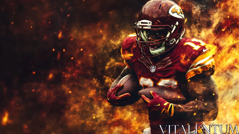 Digital gridiron runner charging through blazing flames.