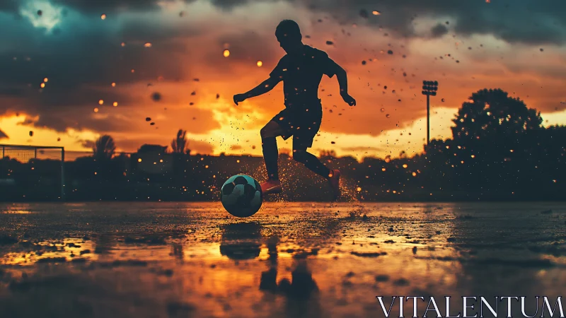 Silhouette soccer player dribbling on wet pitch at sunset