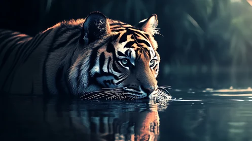 Tiger in shallow water with focused gaze at dusk light.