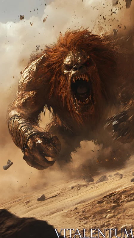 Colossal sand-beast charging through explosive desert storm.