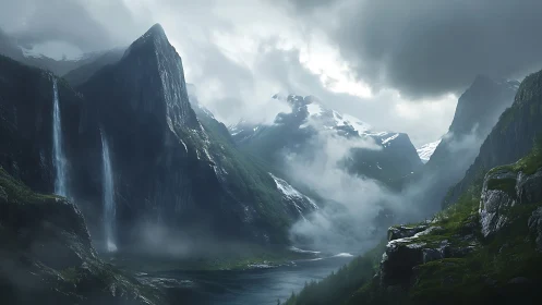 Misty mountain valley welcomes calm waterfalls and soft light