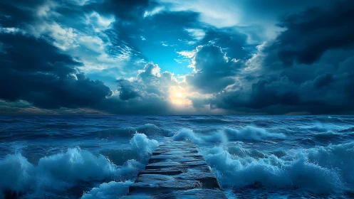 Stone pier extends into rough ocean under dramatic sky