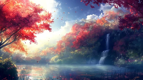 Gentle autumn waterfall welcomes quiet reflection by the lake