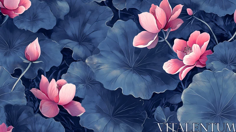 Pink Lotus Blooms in Deep Blue Waters.