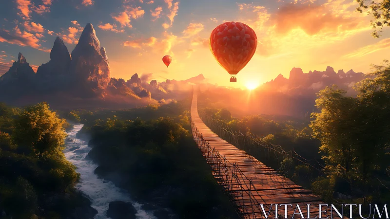 Suspension bridge and hot air balloons cross a river valley