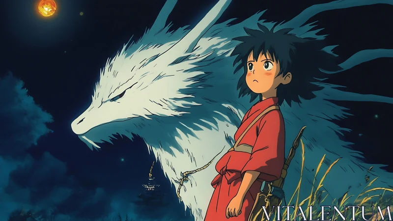 Youth in red robe stands beside large white dragon spirit