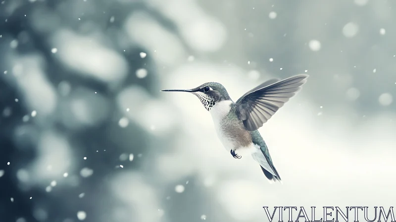 Hummingbird in Flight Amid Snowfall, Soft Focus Nature Photography.