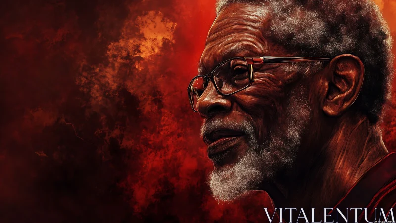 Digital portrait of elder man with red abstract backdrop.