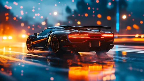 Rendered rear view shows sports car on wet city roadway