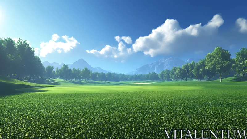 Sunlit golf fairway stretches beneath bright alpine skies