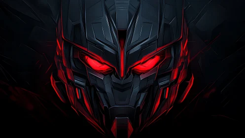 Cybernetic demon mask glows with intense red menace in darkness