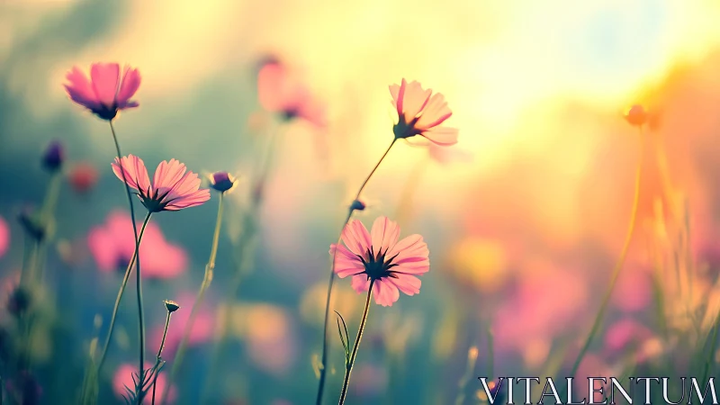 Pink cosmos flowers bathed in warm golden sunlight.