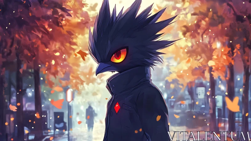 Anthropomorphic raven figure in autumn city street, anime style