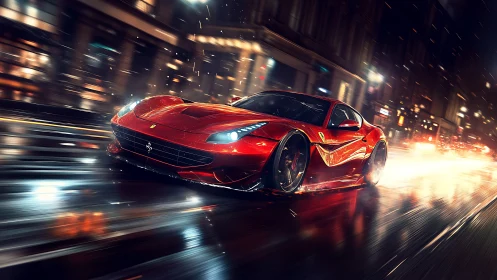 Red sports coupe moves through wet city street at speed