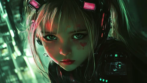 Neon-eyed cyber girl stares down the shadows of the grid.