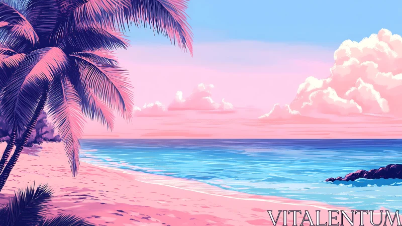 Tropical Beach Sunset with Palm Fronds and Pastel Sky