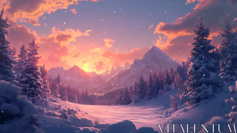 Sunlit winter valley reveals snow forest and sharp peaks