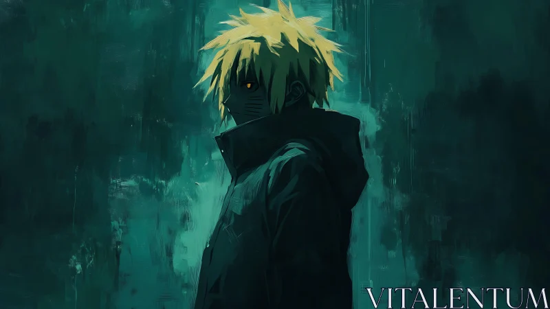 Brooding anime figure stands in moody teal shadows