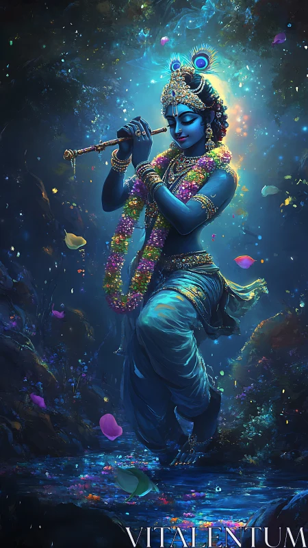 Mystical blue flutist dancing in a glowing enchanted forest.