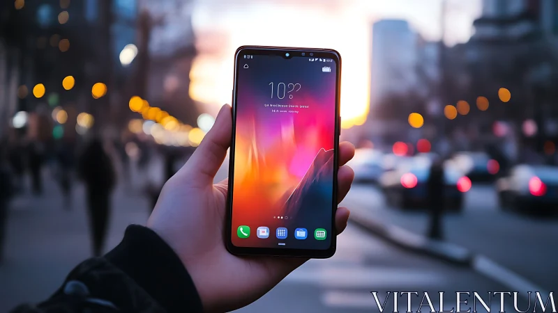Handheld smartphone glowing warmly in a busy city street.