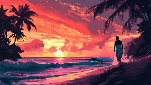 Surfer silhouette on tropical shoreline at vivid sunset.