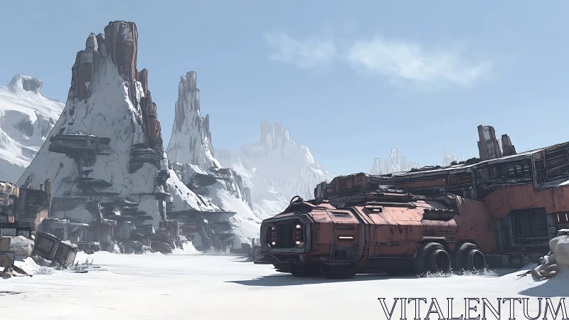 Armored crawler in stratified polar canyon megastructure.