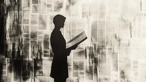 Silhouette reader against layered text pages in photoreal style.