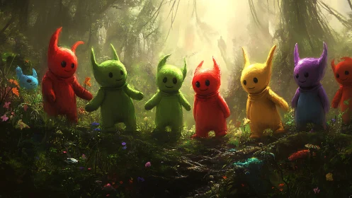 Multicolored horned figures standing in dense forest clearing.