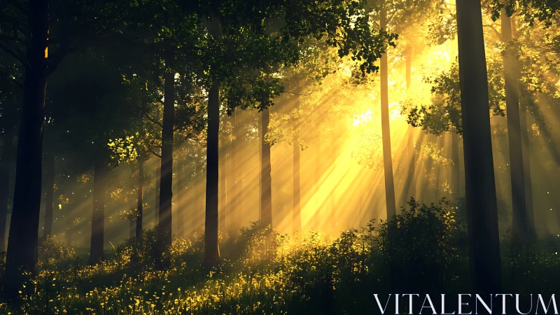 Sunlit forest interior rendered with volumetric god rays