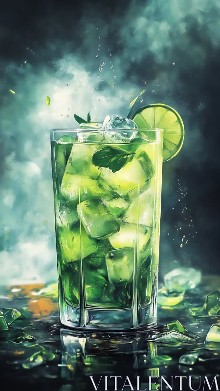 Mojito Cocktail with Lime Slice and Fresh Mint Garnish on Dark Surface