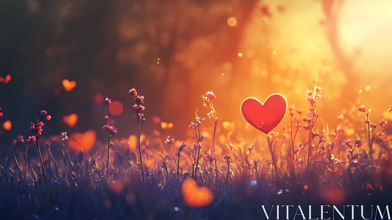 Red Heart Blossoms in Golden Sunset Field.