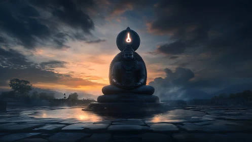 Monumental yogi statue centers tranquil dusk waterscape.