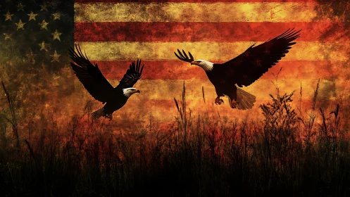 Two silhouetted eagles fly before a weathered US flag