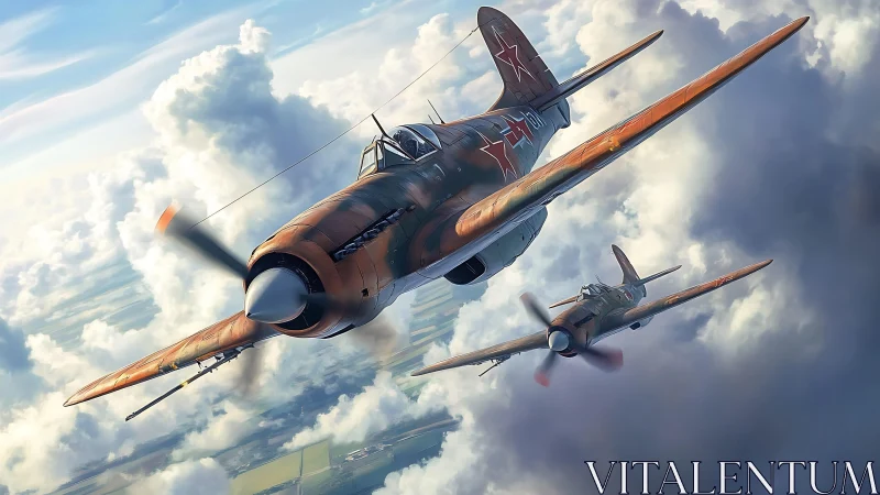 Soviet World War II fighter planes in tight cloud formation.