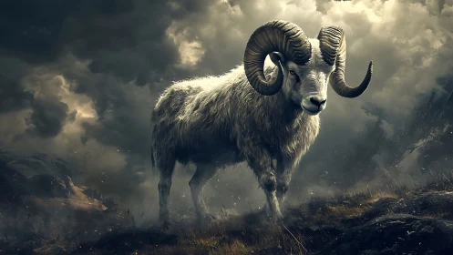 Stormlit mountain ram rendered with high-contrast atmospheric lighting