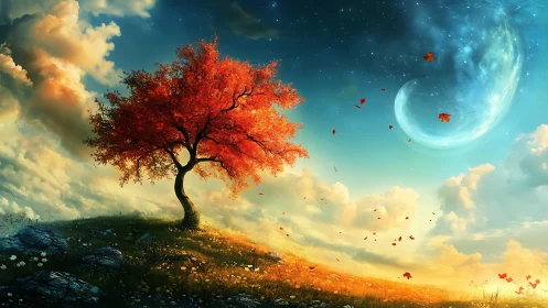Luminous autumn tree under crescent nebula sky at dusk.